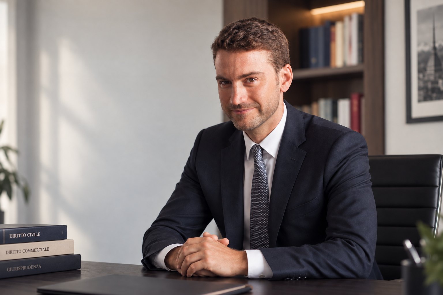 L'Avv. Luca Ruella, in abito scuro, seduto alla scrivania dello studio legale con la libreria sullo sfondo